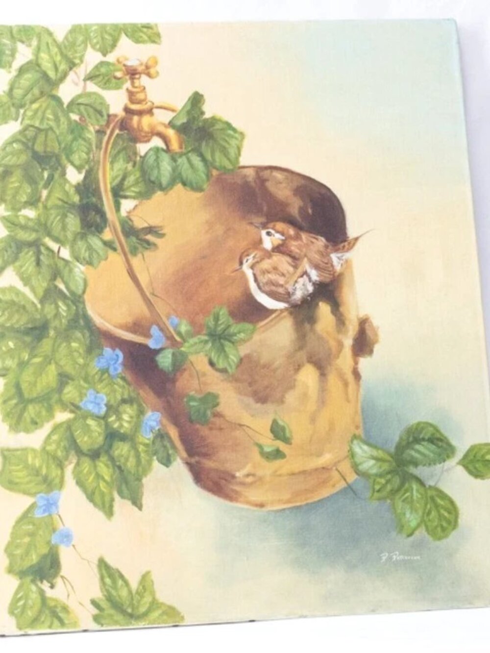 Vgt Original Acrylic Painting Winter Wrens Birds & Bucket Signed P Patterson 24